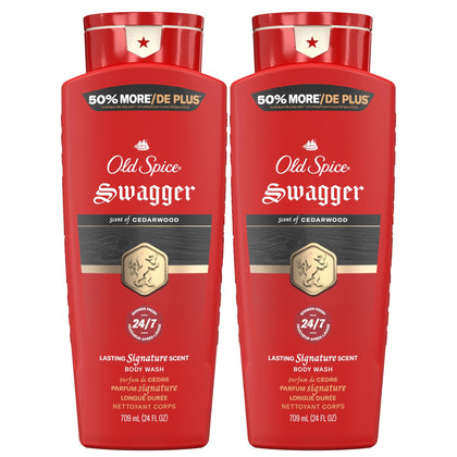 Old Spice bottle front packaging showing Swagger Cedarwood scent and bold label benefit