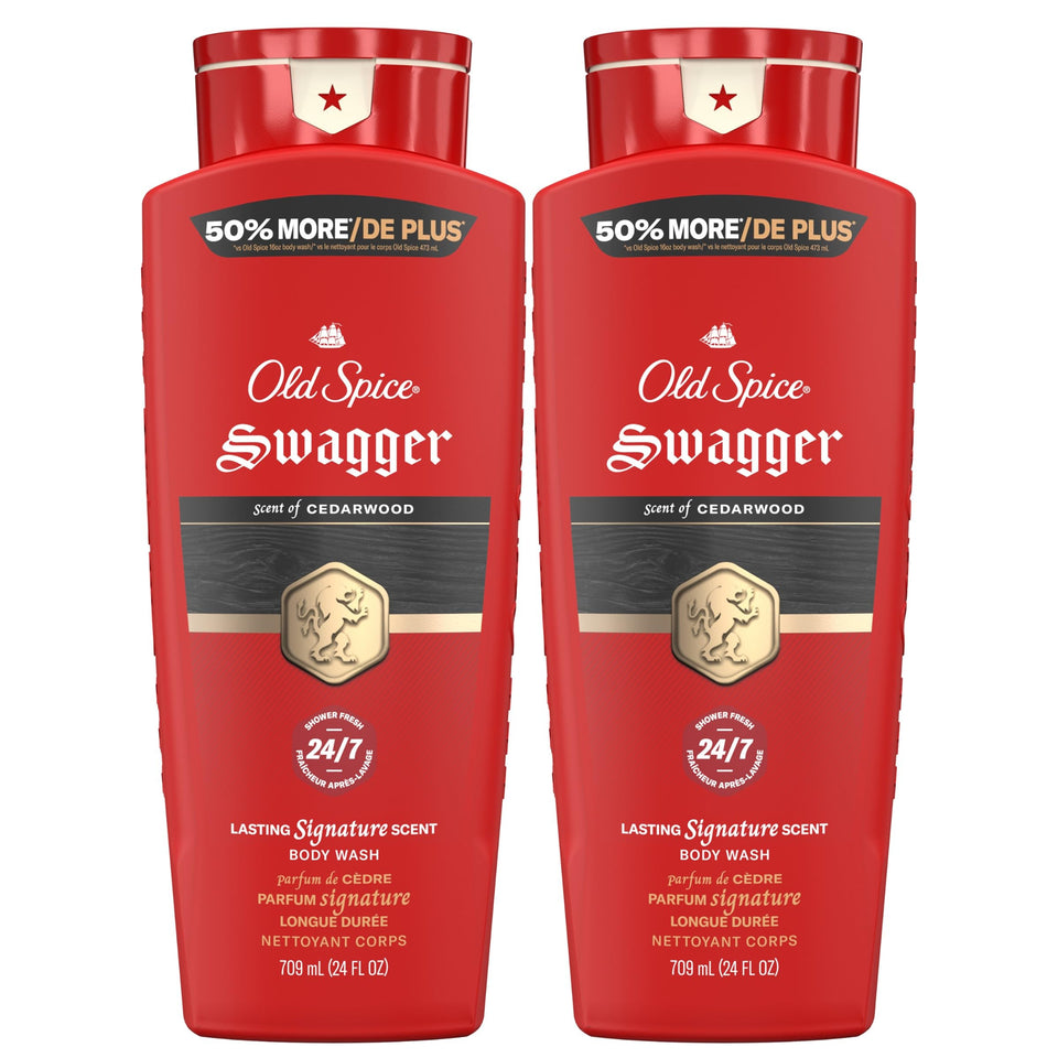 Old Spice bottle front packaging showing Swagger Cedarwood scent and bold label benefit