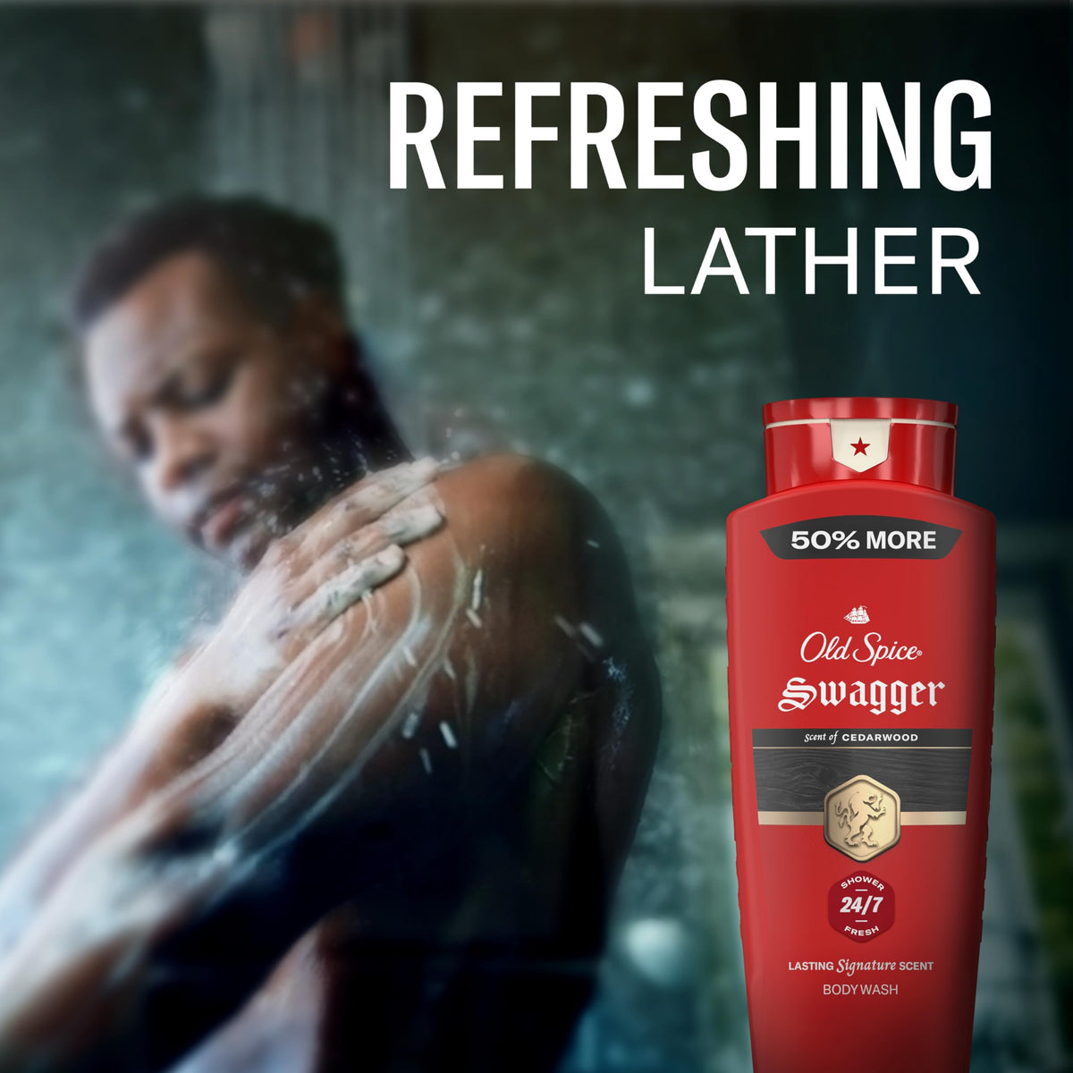 Old Spice label detail on Red Collection bottle showing scent and benefits