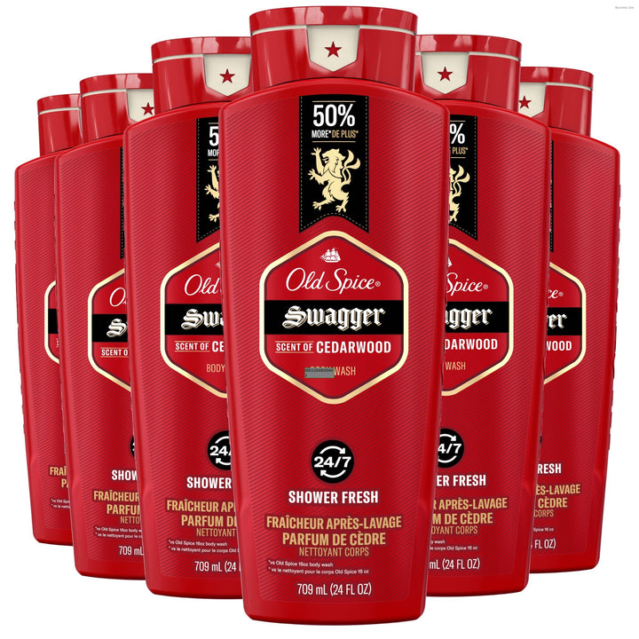 Old Spice front bottle showing Swagger Cedarwood scent and easy-pour benefit
