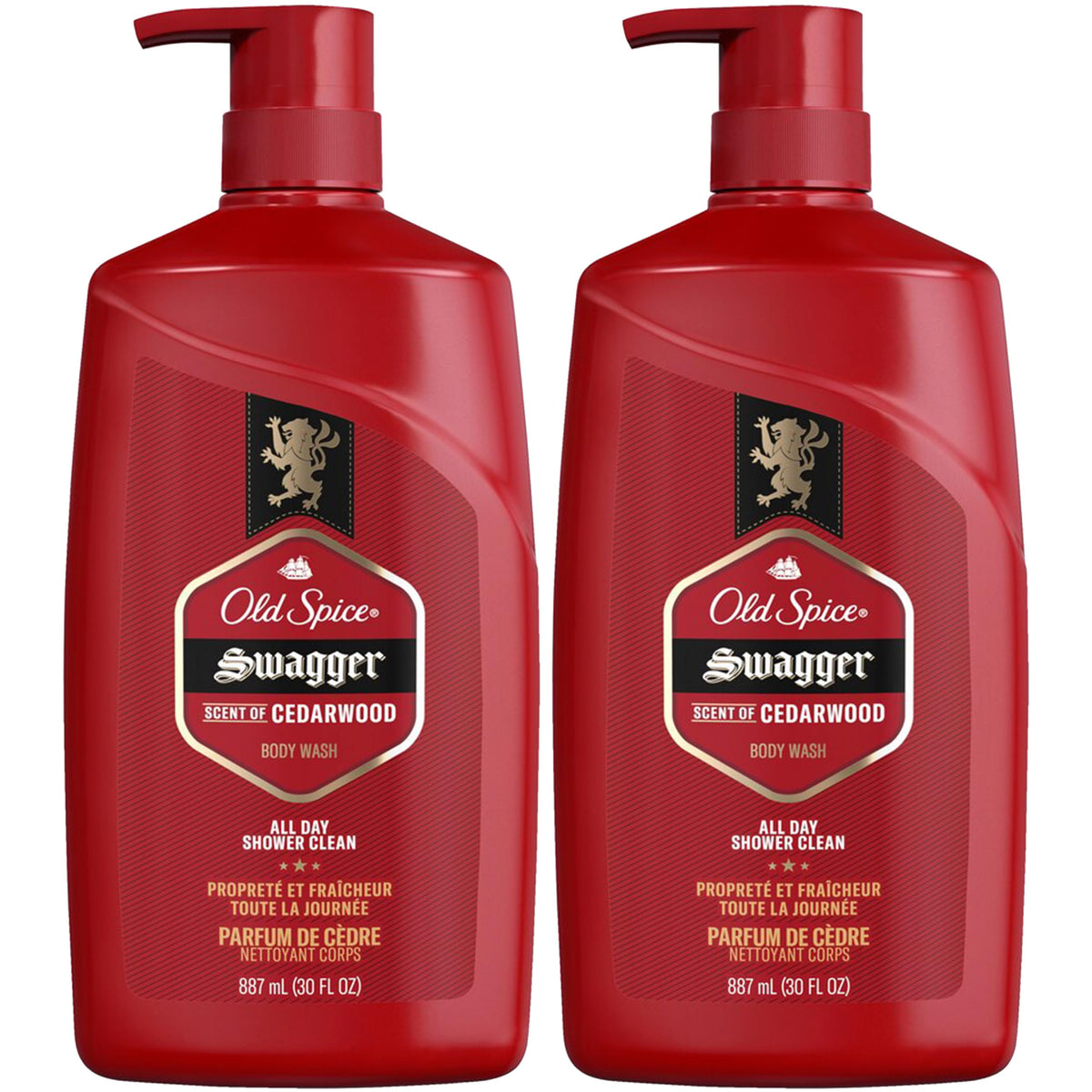 Old Spice Swagger front packaging showing 30 oz bottle and bold label benefit long-lasting supply