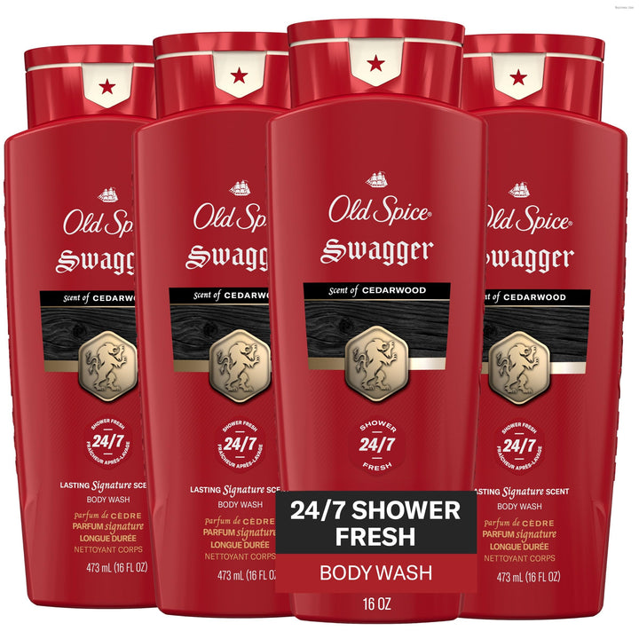 Old Spice Swagger bottle front showing bold red packaging and cedarwood scent benefit