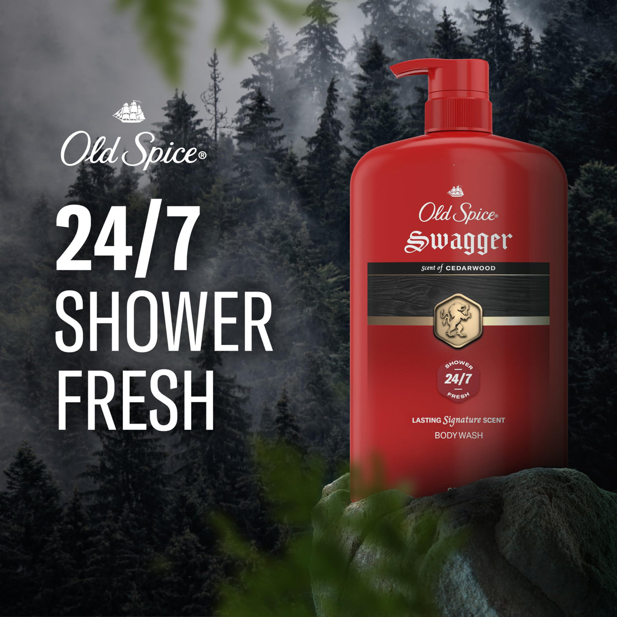 Old Spice Swagger being used in a shower illustrating refreshing rinse and odor control