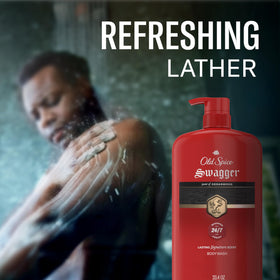 Old Spice Swagger label close-up focusing on scent name and Red Collection branding