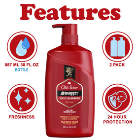 Old Spice Swagger pumped lather on loofah illustrating deep clean and fresh cedarwood-lime scent