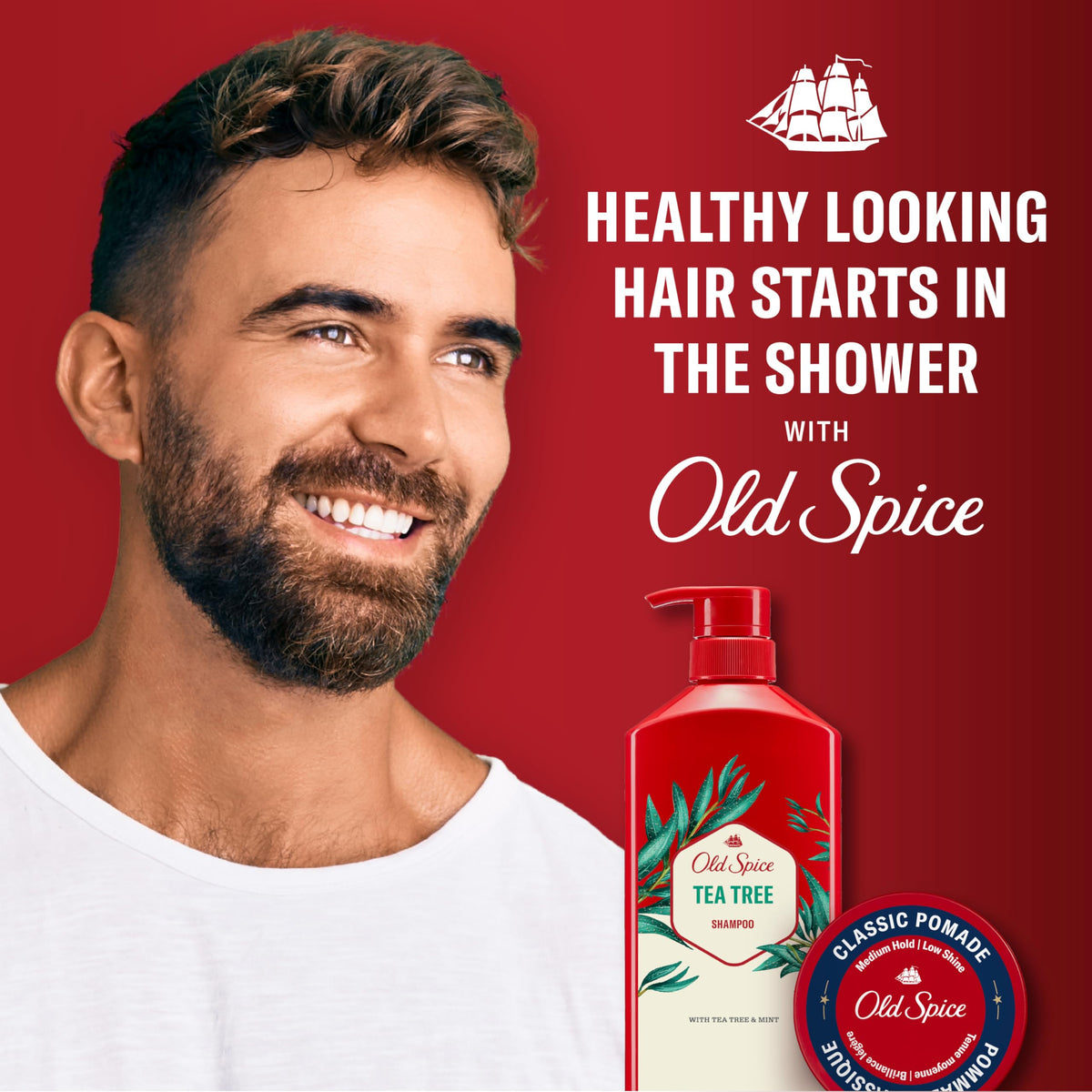 Tea tree leaves and mint sprigs next to Old Spice bottle showing natural refresh