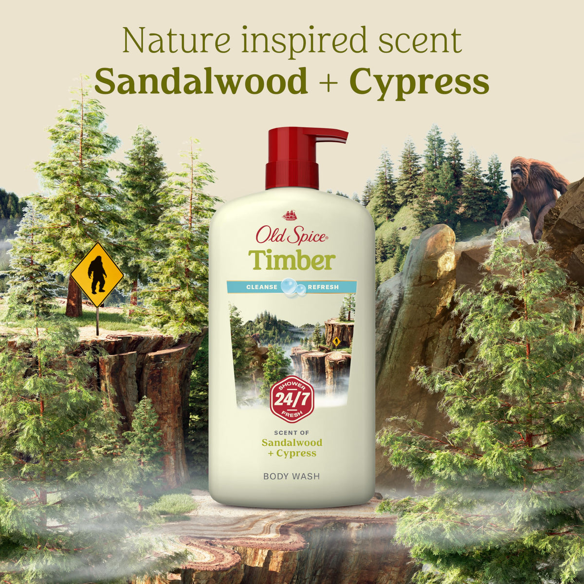 Styled wood and cypress props representing Old Spice fragrance notes outdoorsy smell