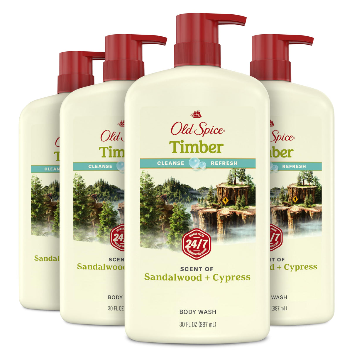 Old Spice bottle front packaging showing Timber with Sandalwood scent and size