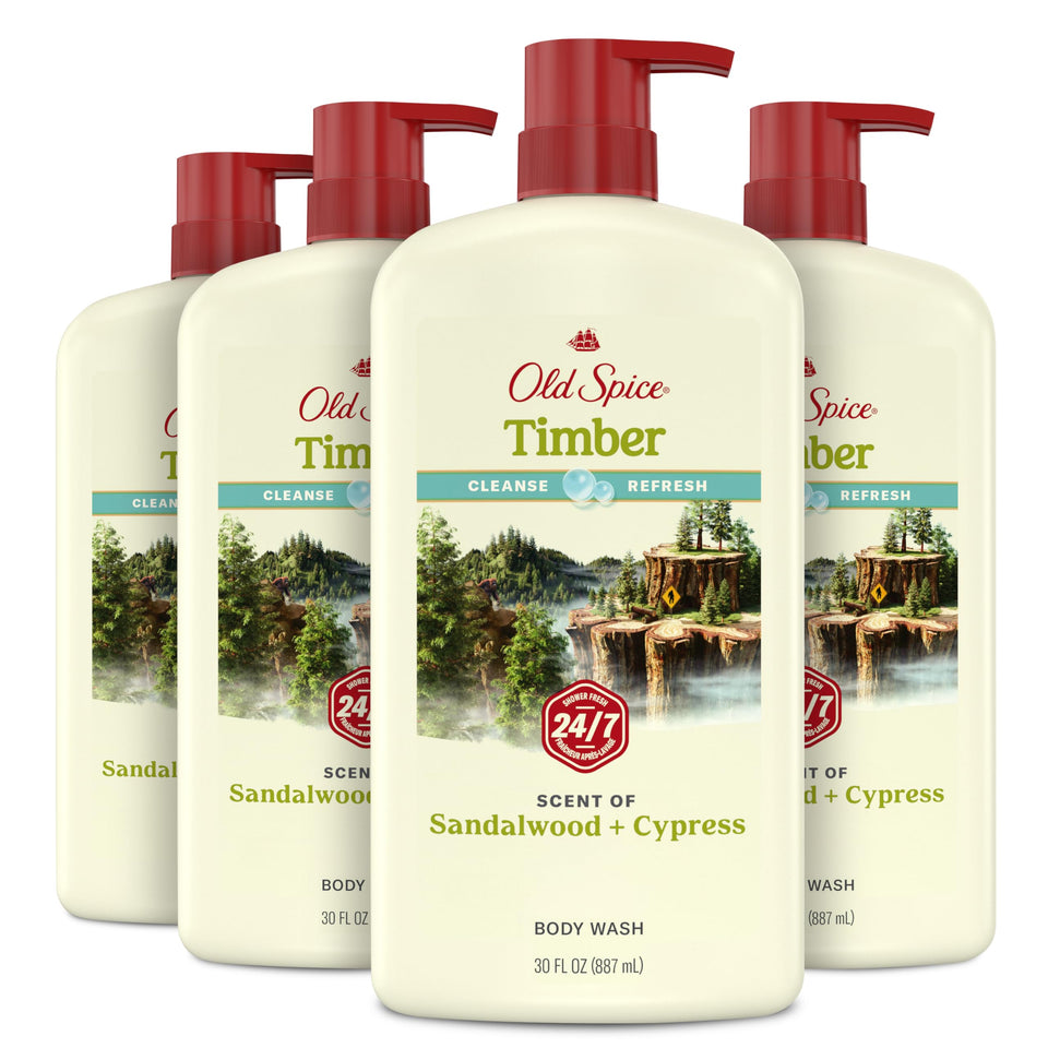 Old Spice bottle front packaging showing Timber with Sandalwood scent and size