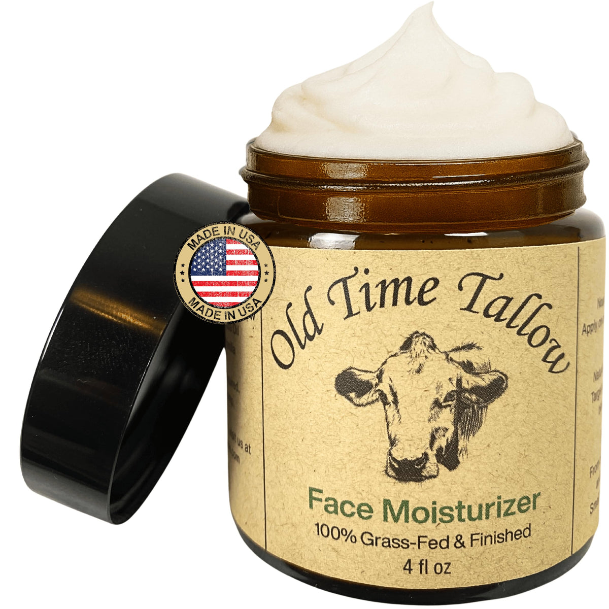 Old Time Tallow amber jar front view showing clean packaging and natural balm benefit