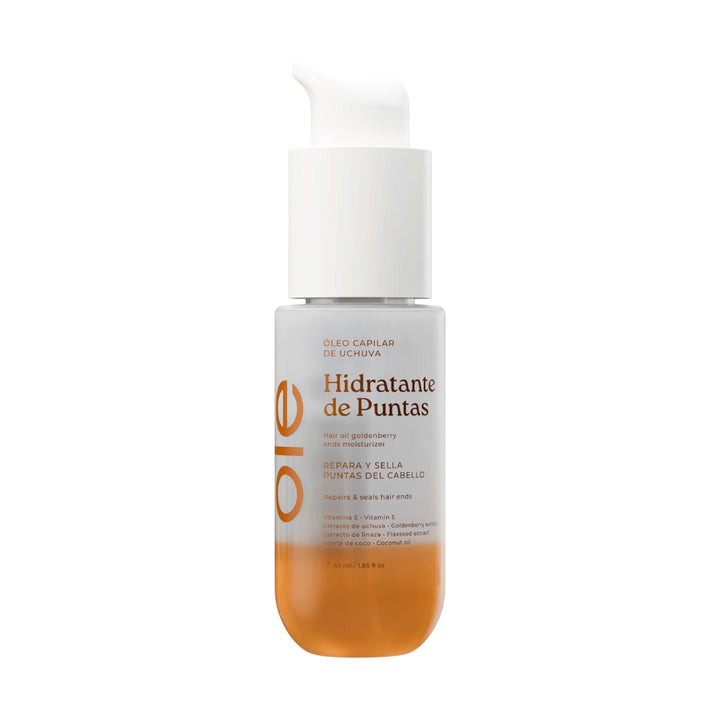 OLÉ front packaging showing bottle and peach scent for nourishing shine