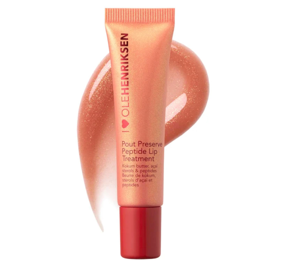 Ole Henriksen lip treatment front packaging showing glossy strawberry sorbet finish and hydration benefit
