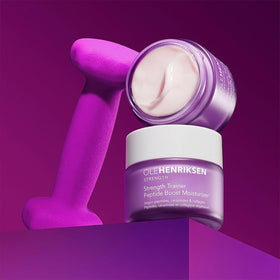 Ole Henriksen ingredients display highlighting peptides ceramides and hyaluronic acid benefit