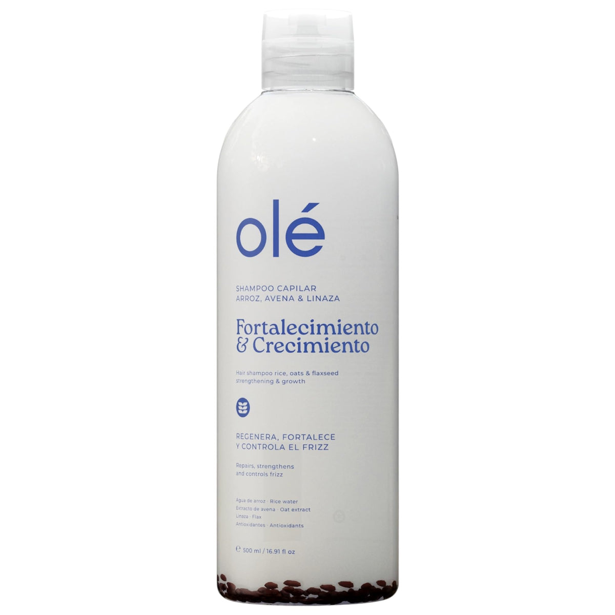 OLÉ front packaging shows bottle and branding, clear benefit: strengthens roots
