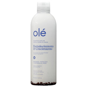 OLÉ front packaging shows bottle and branding, clear benefit: strengthens roots