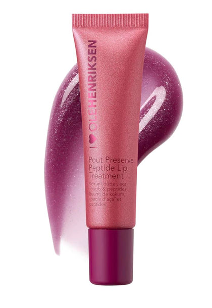 Ole Henriksen front packaging of Pout Preserve showing tube and lingonberry glimmer finish for quick hydration