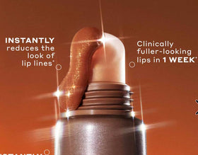 Ole Henriksen product applied on lips, demonstrating subtle golden shimmer and hydration