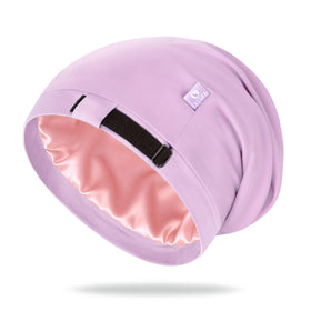 OLESILK bonnet front view in purple showing smooth finish and stylish fit for comfortable nights