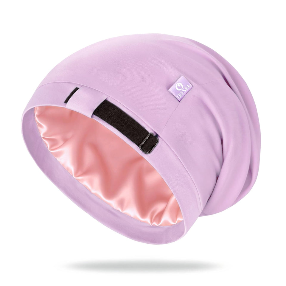 OLESILK bonnet front view in purple showing smooth finish and stylish fit for comfortable nights