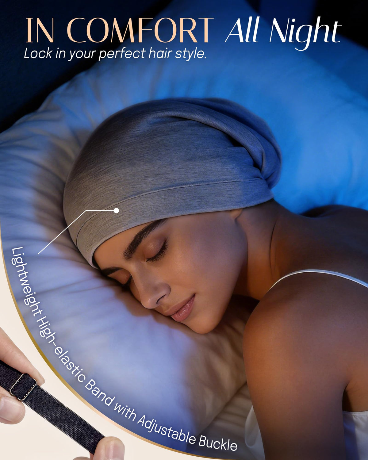 OLESILK bonnet worn during sleep demonstrating secure non-slip benefit