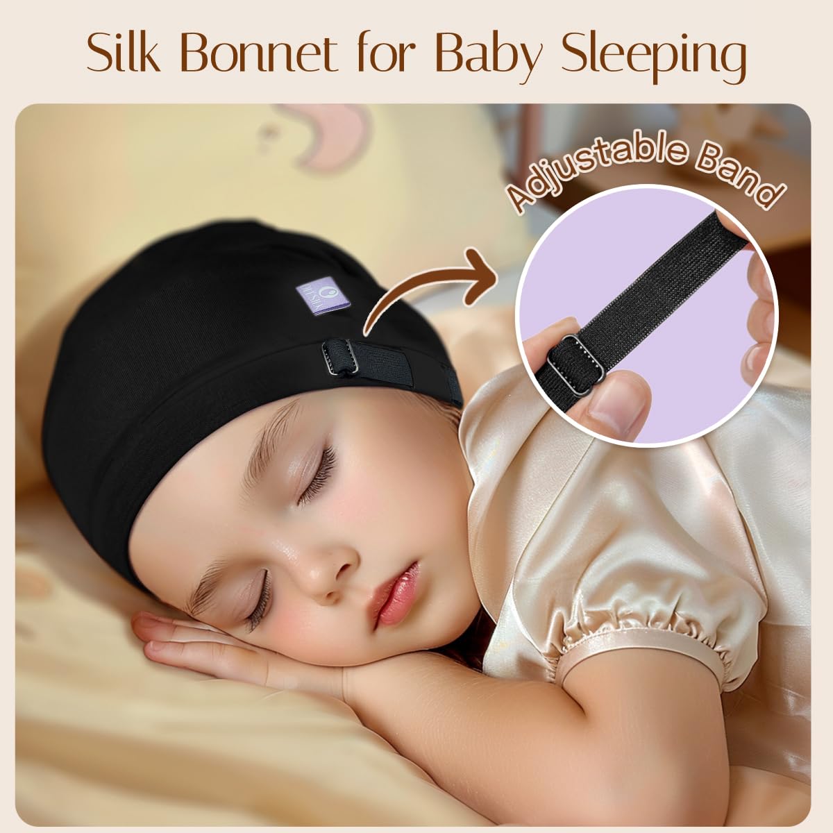 OLESILK bonnet on infant during stroller walk showing comfort and stay-put performance