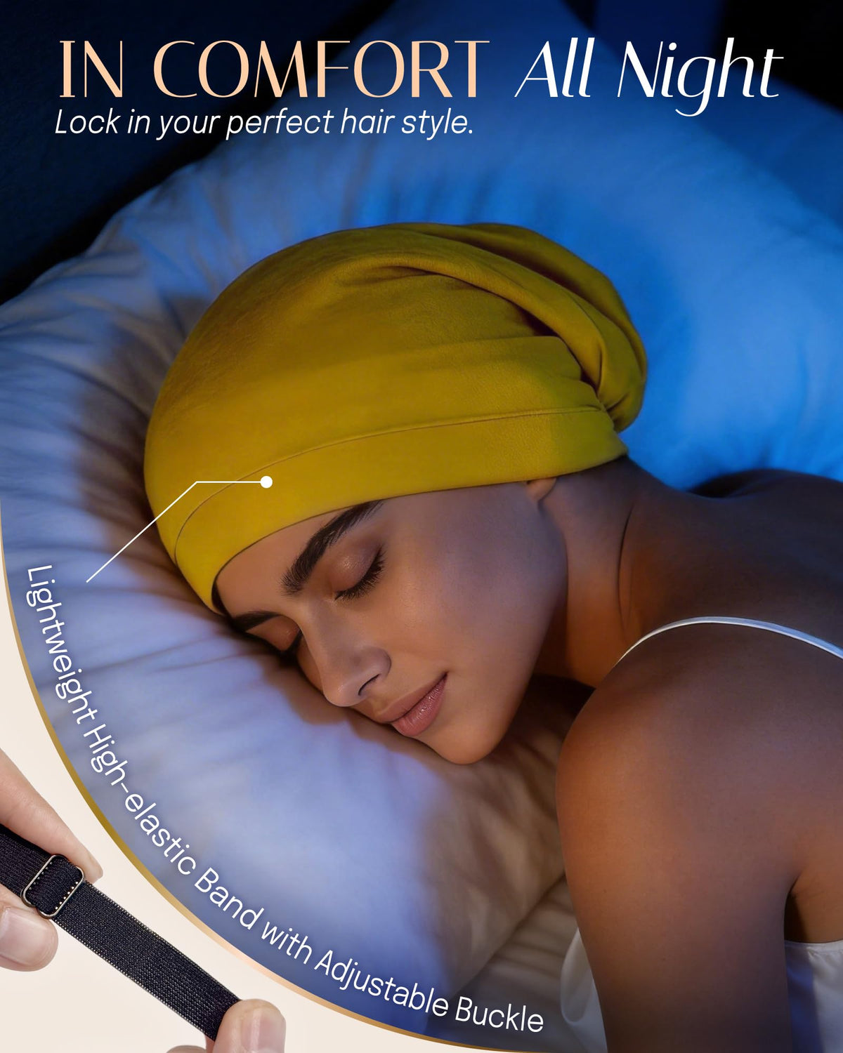 OLESILK bonnet on model sleeping demonstrating anti-friction benefit