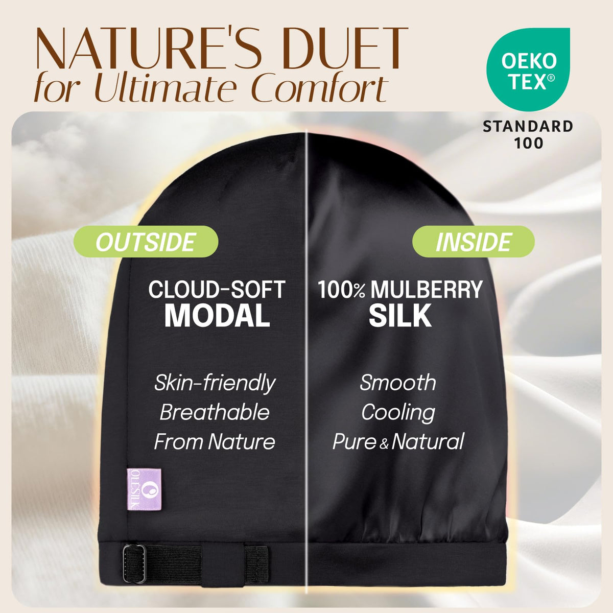 OLESILK close-up of mulberry silk lining highlighting smooth surface that reduces frizz
