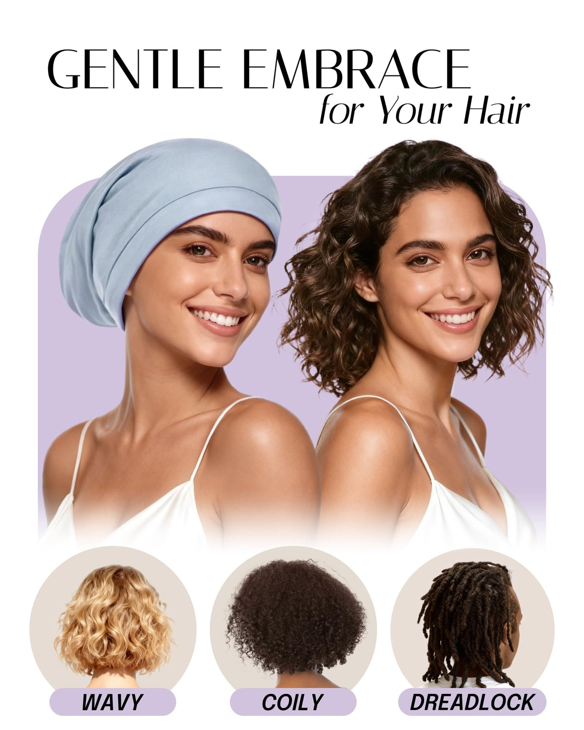 OLESILK cap on curly hair in bed illustrating hair protection and preserved curls benefit