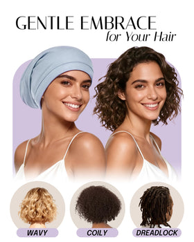 OLESILK cap on curly hair in bed illustrating hair protection and preserved curls benefit