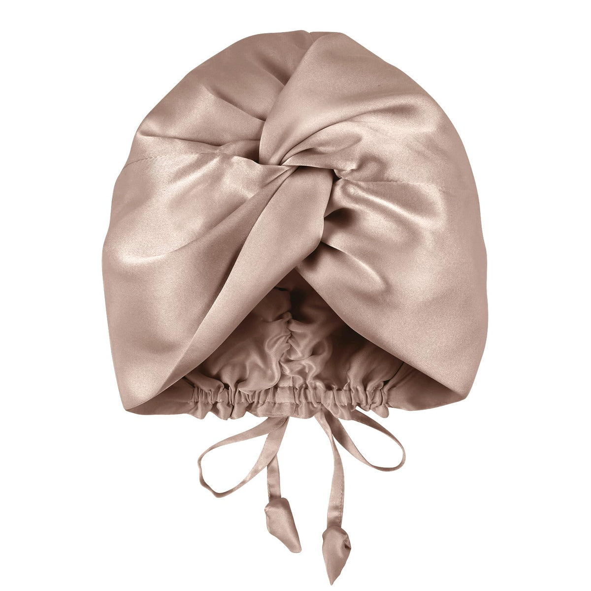 OLESILK front view of camel silk bonnet showing elegant fit and protection