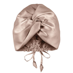 OLESILK front view of camel silk bonnet showing elegant fit and protection