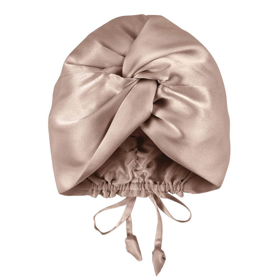 OLESILK front view of camel silk bonnet showing elegant fit and protection