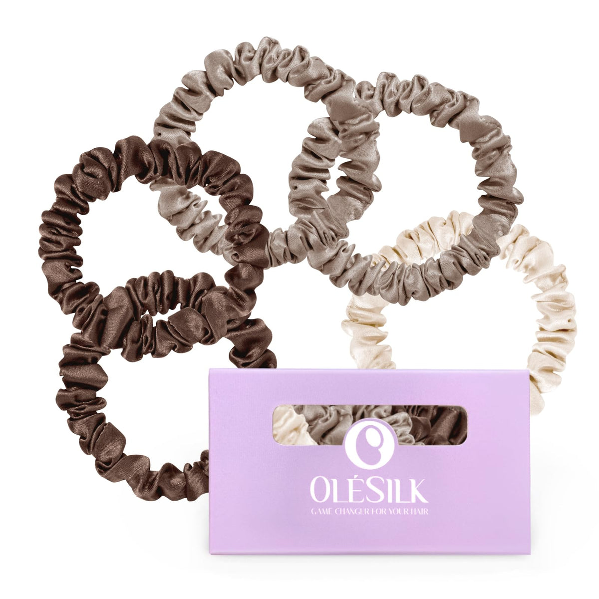 OLESILK front packaging showing five brown silk hair ties and purple box, elegant gift ready