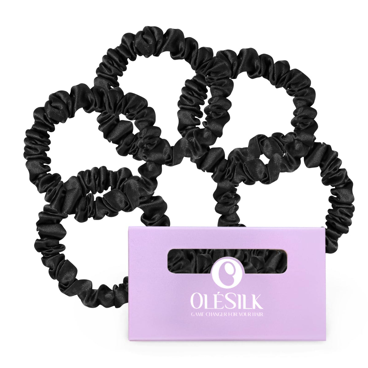 OLESILK front packaging showing five black silk hair ties and purple box, elegant gift ready