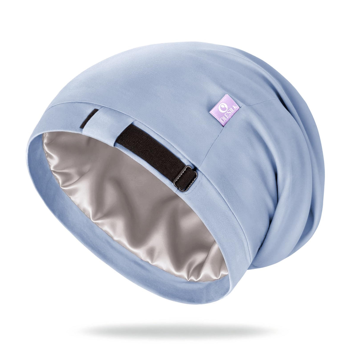 OLESILK front view light blue bonnet showing neat fit and color benefit: comfortable protection