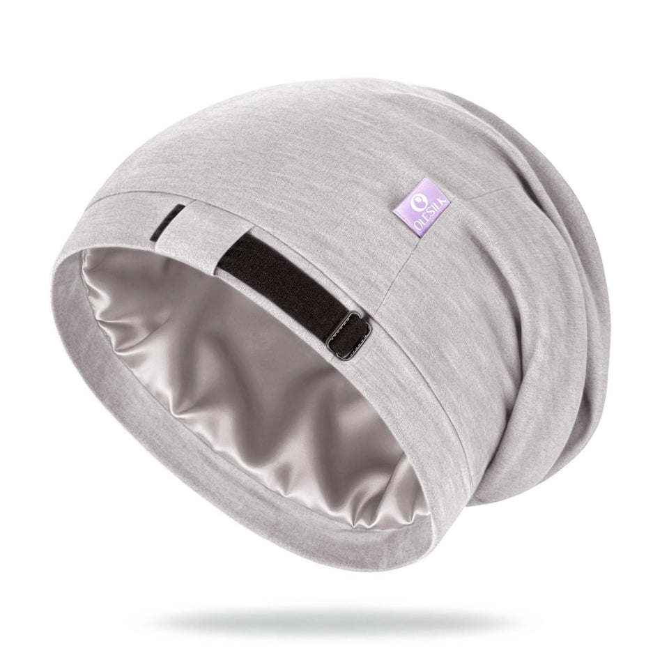 OLESILK front view bonnet showing shape and light grey color, protects hair overnight