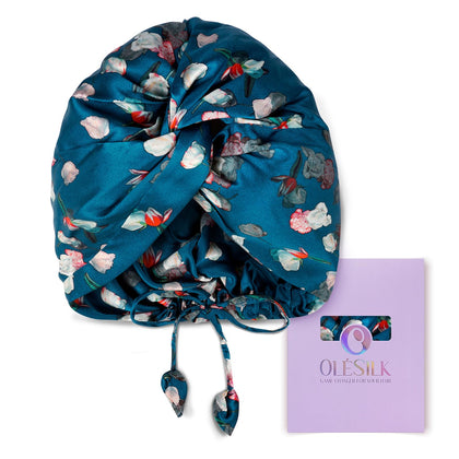 OLESILK bonnet front view in royal blue showing elegant fit and protection