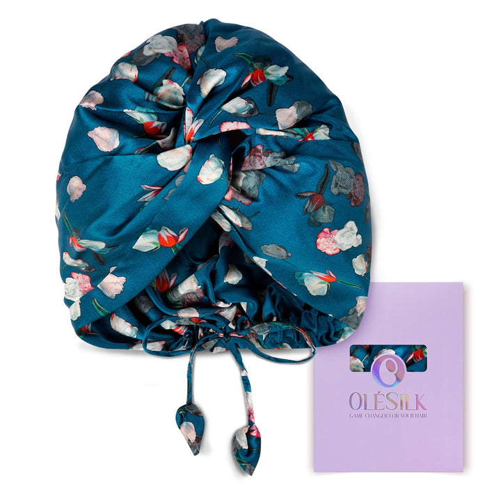 OLESILK bonnet front view in royal blue showing elegant fit and protection