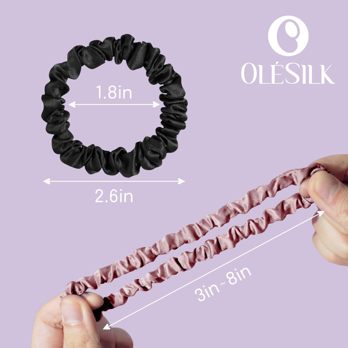 OLESILK gift box display presenting five black silk scrunchies as a ready-to-give present