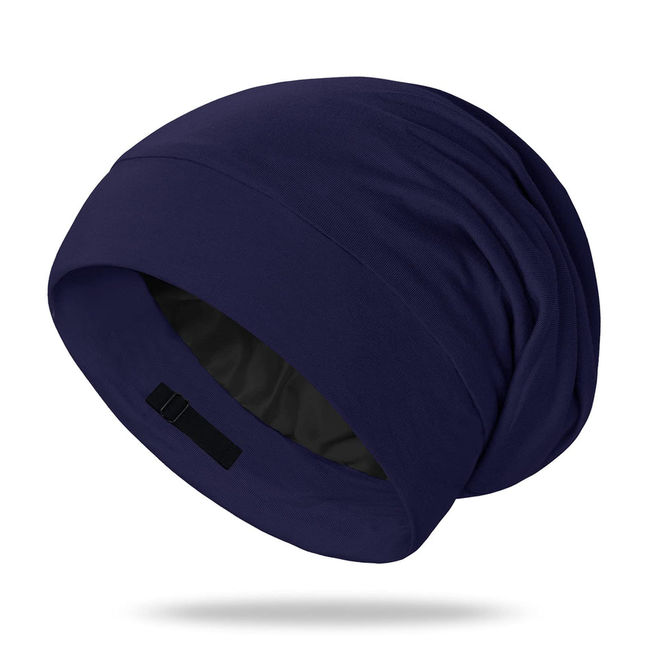 OLESILK navy bonnet front view showing clean silhouette and neat stitching for comfortable fit