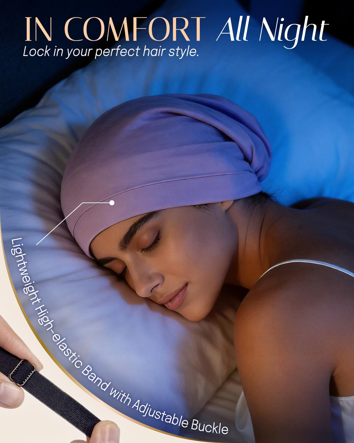 Model wearing OLESILK bonnet while resting, illustrating stay-put design and preserved hairstyle