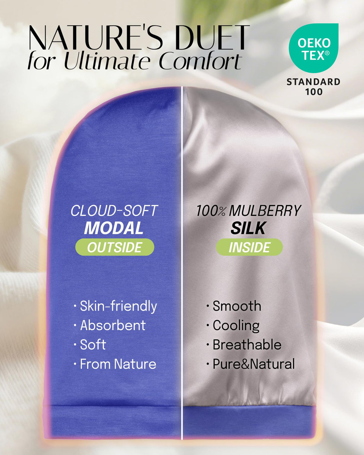 OLESILK close-up of pure mulberry silk lining protecting hair strands