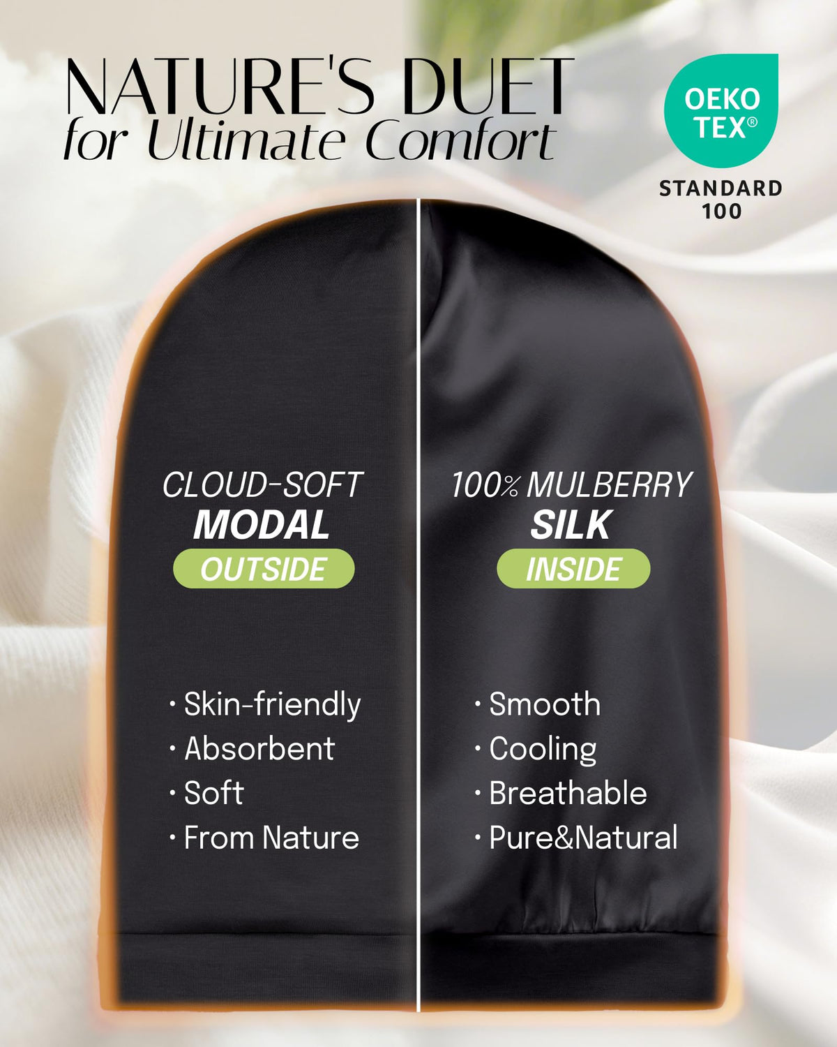 OLESILK close-up of mulberry silk lining protecting hair moisture