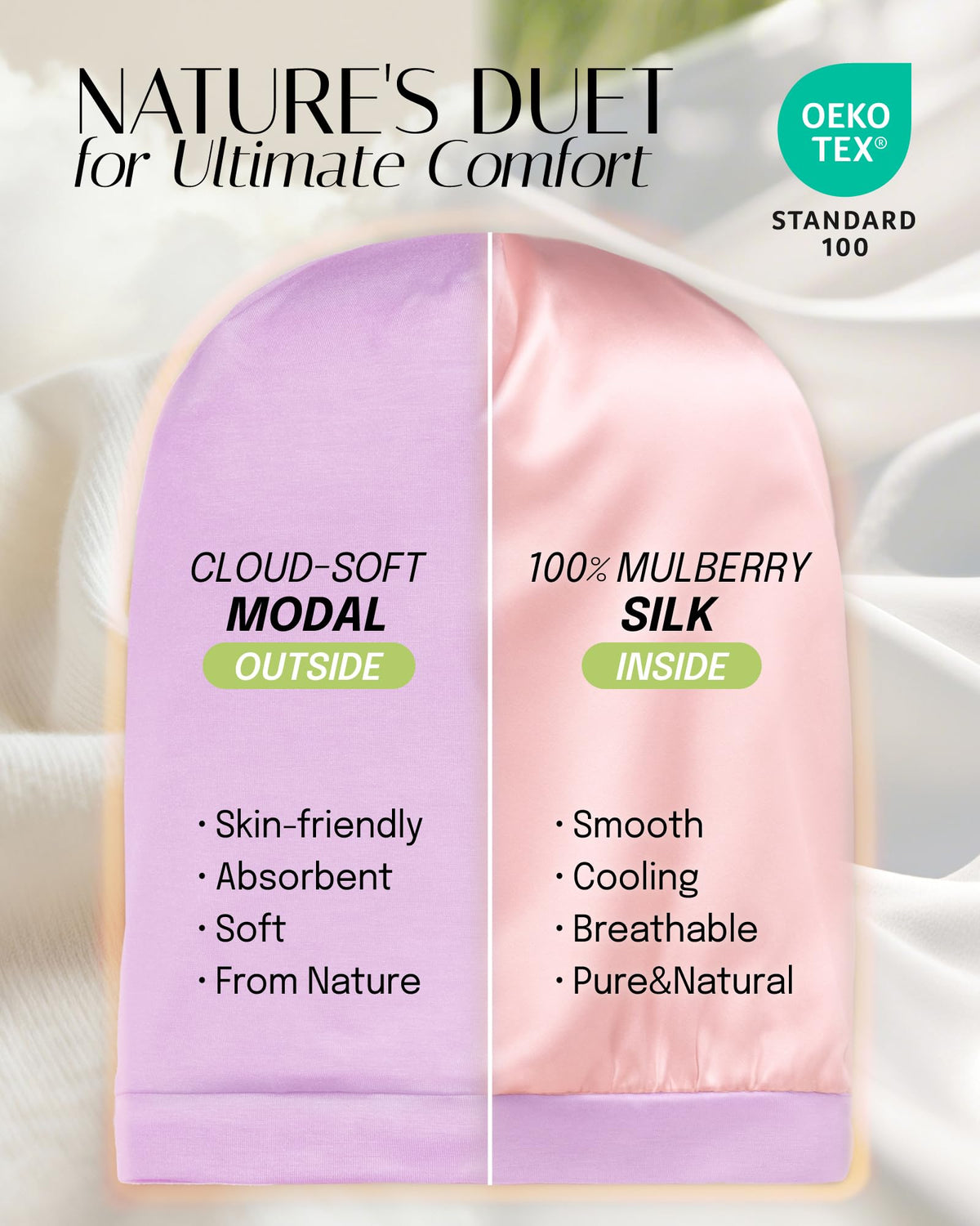 Close-up of OLESILK mulberry silk lining highlighting silky texture that reduces hair friction