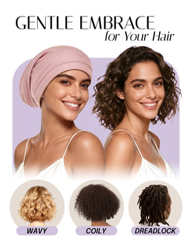 OLESILK bonnet worn by model demonstrates roomy fit and hair protection