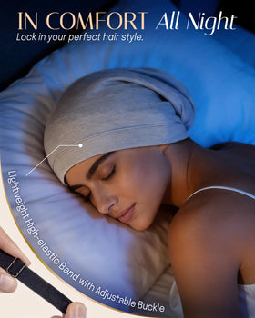 OLESILK woman wearing bonnet in bed, comfortable protection for styled hair