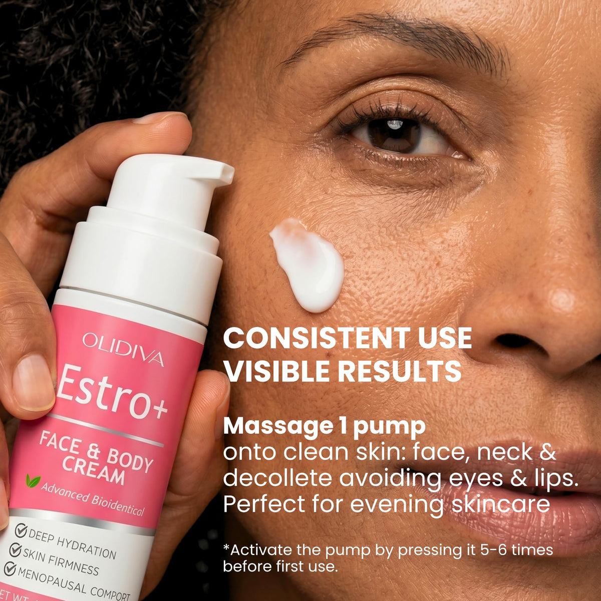 Olidiva application on cheek demonstration showing gentle use for facial hydration