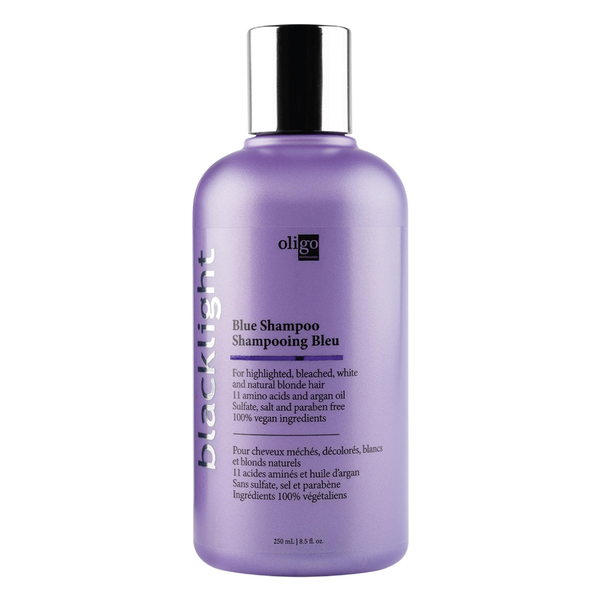 Oligo Professionnel front bottle view showing blue shampoo for toning