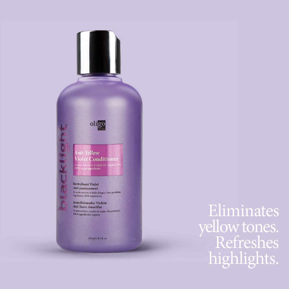 Oligo Professionnel conditioner applied to damp blonde hair for neutralizing brass