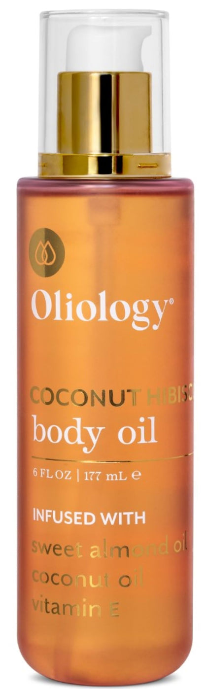 Oliology front bottle view showing hydrating body oil and label benefits